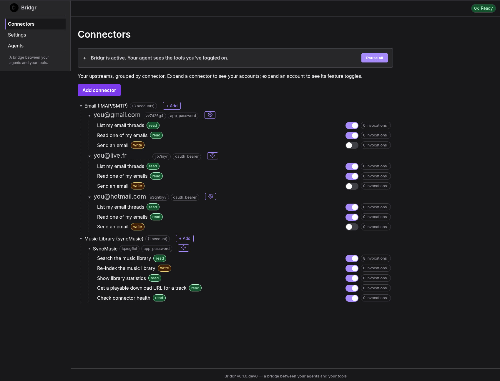 Bridgr admin UI showing connector accounts, per-capability read and write switches, live invocation counts, and a Pause all control.